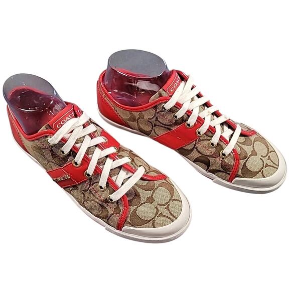 COACH Fillmore Sneakers Women’s 10B – Tan Red Leather Logo Canvas GUC - Picture 1 of 10